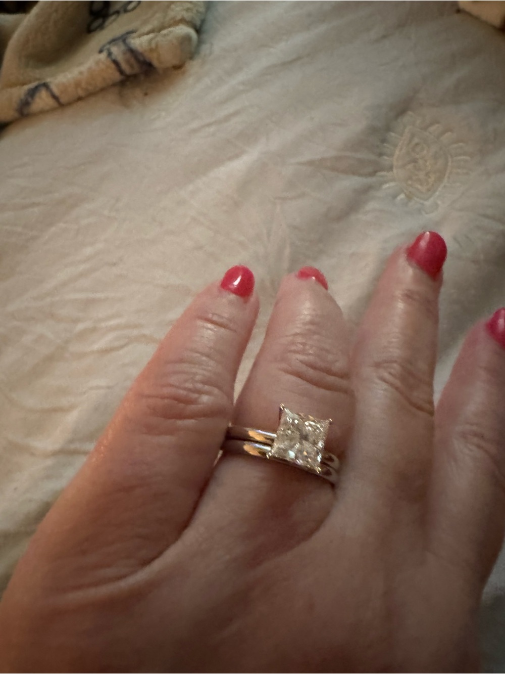 Princess-Cut Solitaire Ring Set in White Metal with Pink Accent